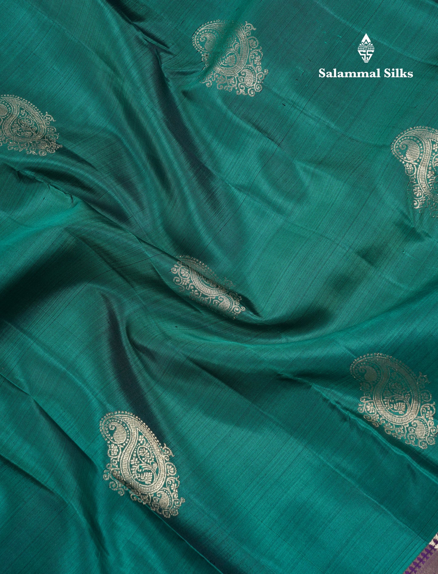 Beautiful Teal Green Pure Kanjivaram Silk Saree With Contrast Violet Traditional Border