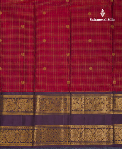 Beautiful Dark Maroon Small Zari Checks With Butta Pure Kanjivaram Silk Saree With Contrast Dark Purple Traditional Rettapet Border