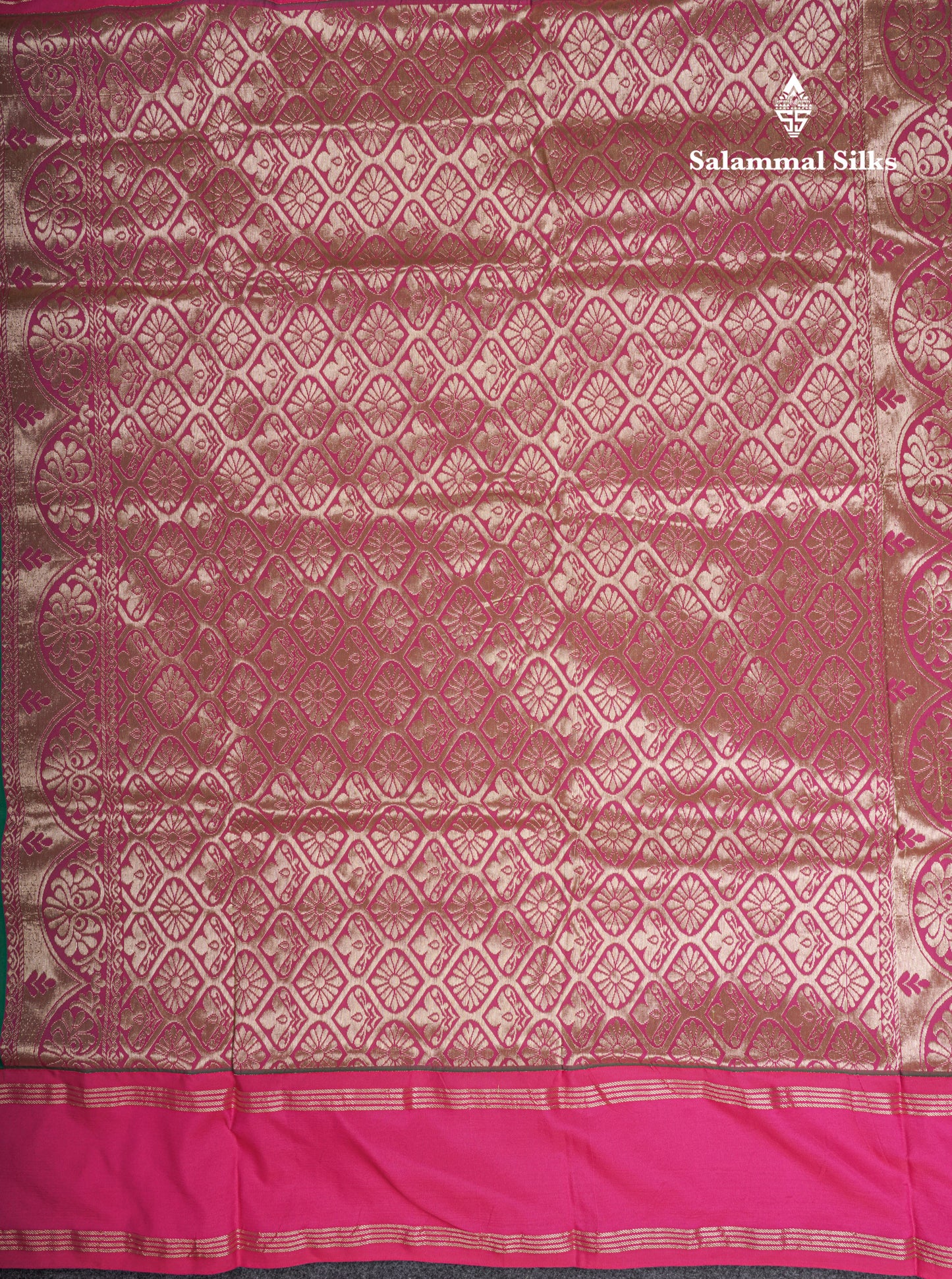 9 Yards Semi Silk Saree Green With Contrast Pink Gap Border