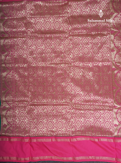 9 Yards Semi Silk Saree Green With Contrast Pink Gap Border