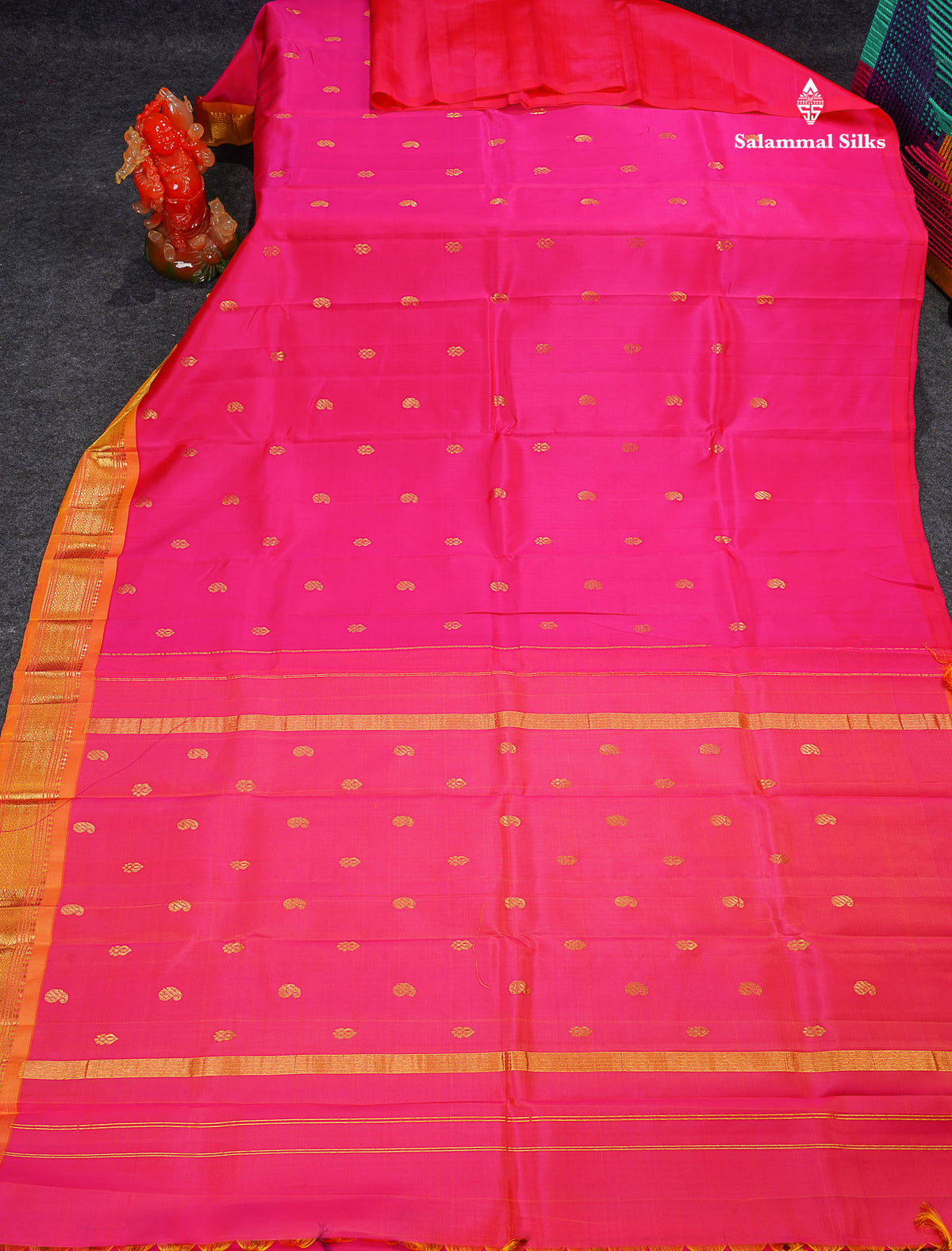 One Side Border Pure Silk Saree - Pink Colour Zari Butta With Contrast Orange Traditional Border