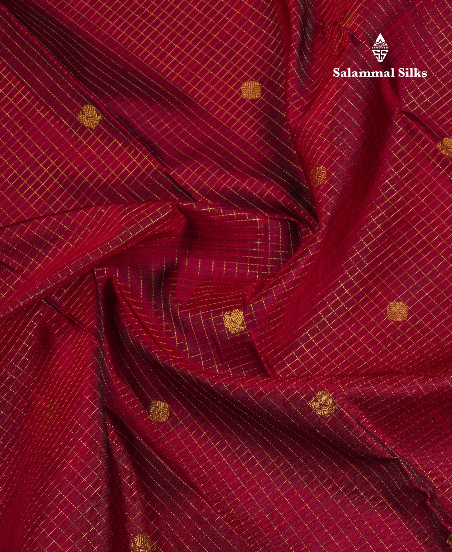 Beautiful Dark Maroon Small Zari Checks With Butta Pure Kanjivaram Silk Saree With Contrast Dark Purple Traditional Rettapet Border