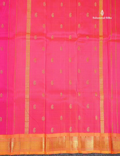 One Side Border Pure Silk Saree - Pink Colour Zari Butta With Contrast Orange Traditional Border