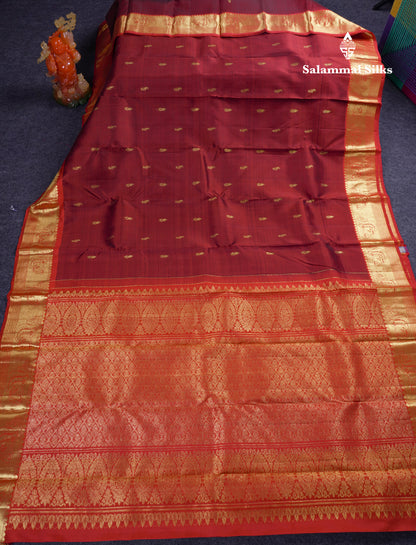 Beautiful Dark Maroon Pure Kanjivaram Silk Saree With Contrast Chilly Red Traditional Border