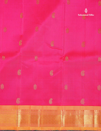 One Side Border Pure Silk Saree - Pink Colour Zari Butta With Contrast Orange Traditional Border