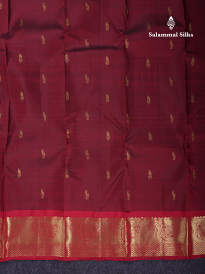 Beautiful Dark Maroon Pure Kanjivaram Silk Saree With Contrast Chilly Red Traditional Border