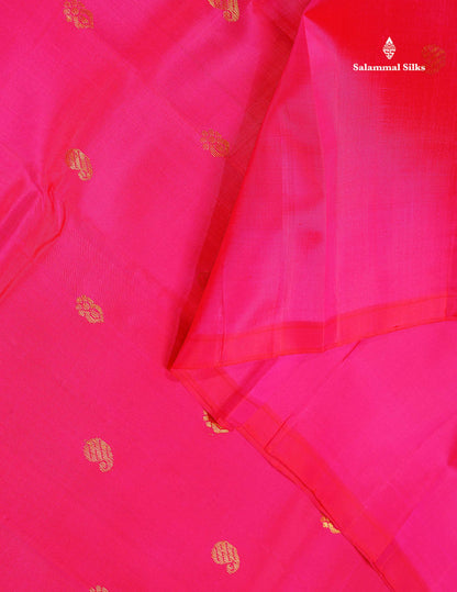One Side Border Pure Silk Saree - Pink Colour Zari Butta With Contrast Orange Traditional Border