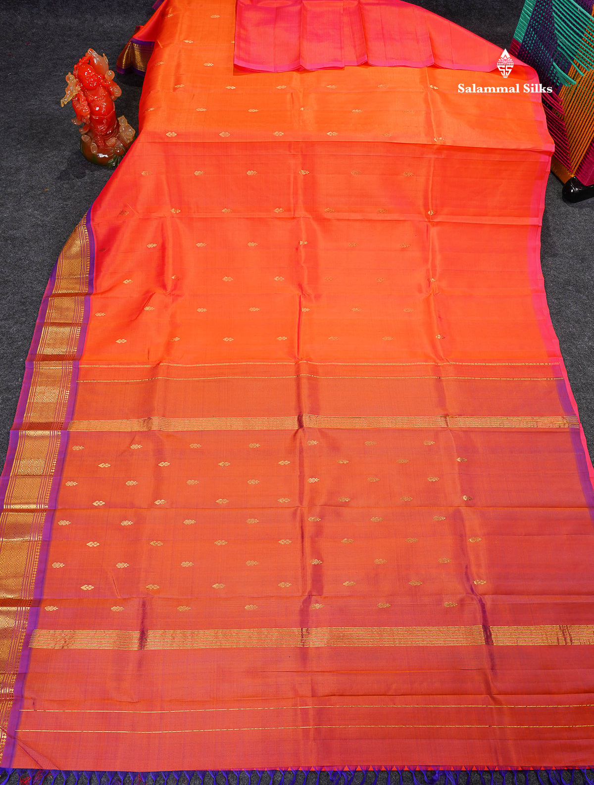 One Side Border Pure Silk Saree - Pinkish Orange Colour Body Small Zari Butta With Contrast Purple Traditional Border
