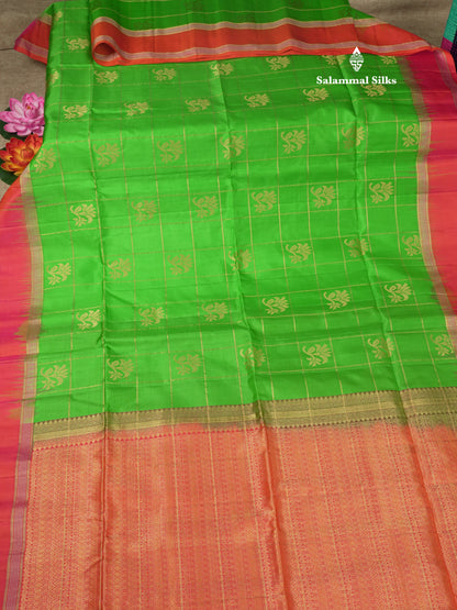 Beautiful Sea Green Pure Kanjivaram Soft Silk Saree With Contrast Pinkish Orange Border