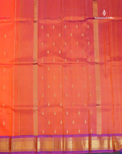 One Side Border Pure Silk Saree - Pinkish Orange Colour Zari Butta With Contrast Purple Traditional Border