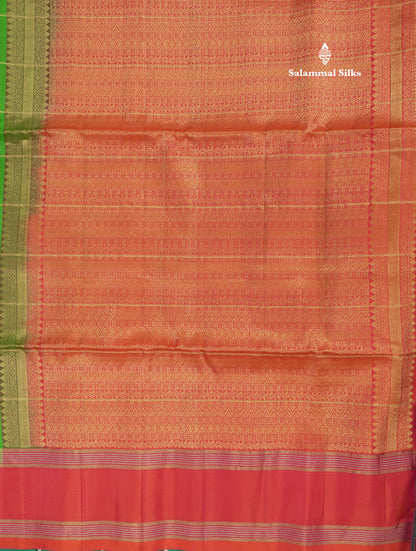 Beautiful Sea Green Pure Kanjivaram Soft Silk Saree With Contrast Pinkish Orange Border