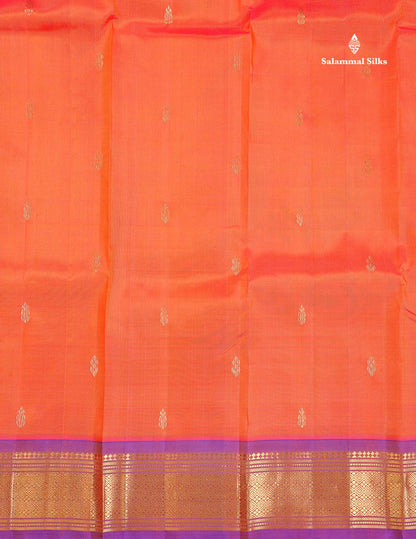 One Side Border Pure Silk Saree - Pinkish Orange Colour Zari Butta With Contrast Purple Traditional Border