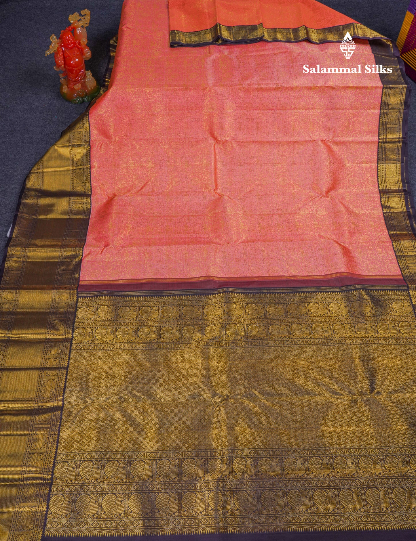 Beautiful Korvai Dark Peach Pure Kanjivaram Silk Saree Pure Zari with Contrast Dark Violet Traditional Border
