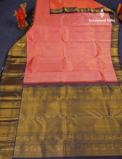 Beautiful Korvai Dark Peach Pure Kanjivaram Silk Saree Pure Zari with Contrast Dark Violet Traditional Border