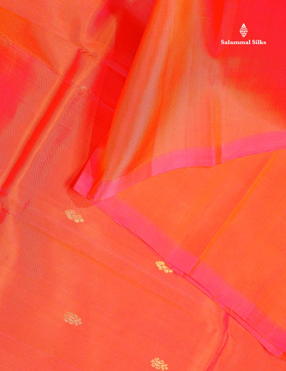 One Side Border Pure Silk Saree - Pinkish Orange Colour Zari Butta With Contrast Purple Traditional Border