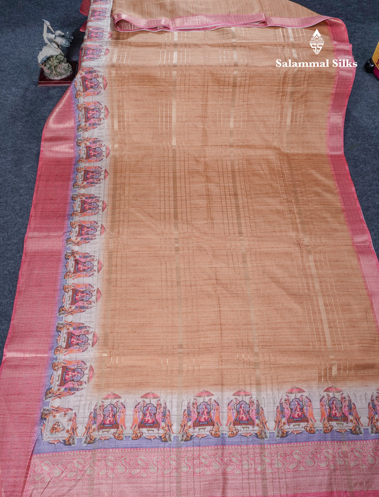 Dual Tone Mustard Yellow Semi Tussar Saree With Contrast Peach Border