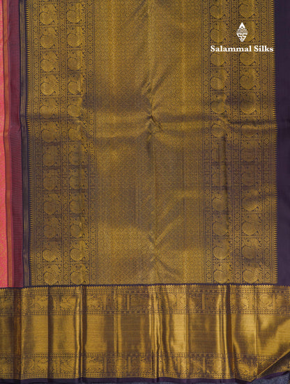 Beautiful Korvai Dark Peach Pure Kanjivaram Silk Saree Pure Zari with Contrast Dark Violet Traditional Border