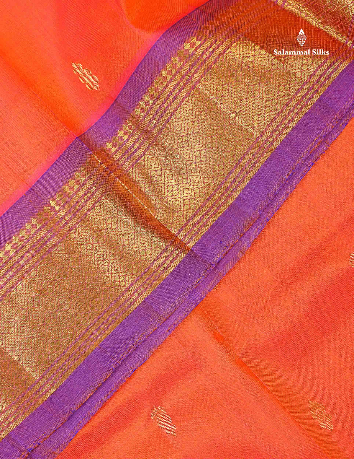 One Side Border Pure Silk Saree - Pinkish Orange Colour Zari Butta With Contrast Purple Traditional Border