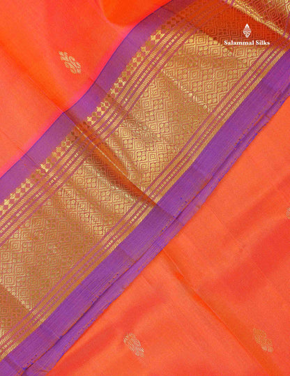 One Side Border Pure Silk Saree - Pinkish Orange Colour Zari Butta With Contrast Purple Traditional Border