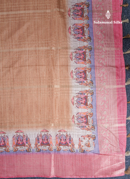 Dual Tone Mustard Yellow Semi Tussar Saree With Contrast Peach Border