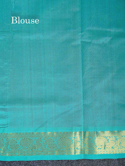 Contrast Sapphire Green Blouse Of Dual Tone Royal Blue Pure Silk Cotton Saree 