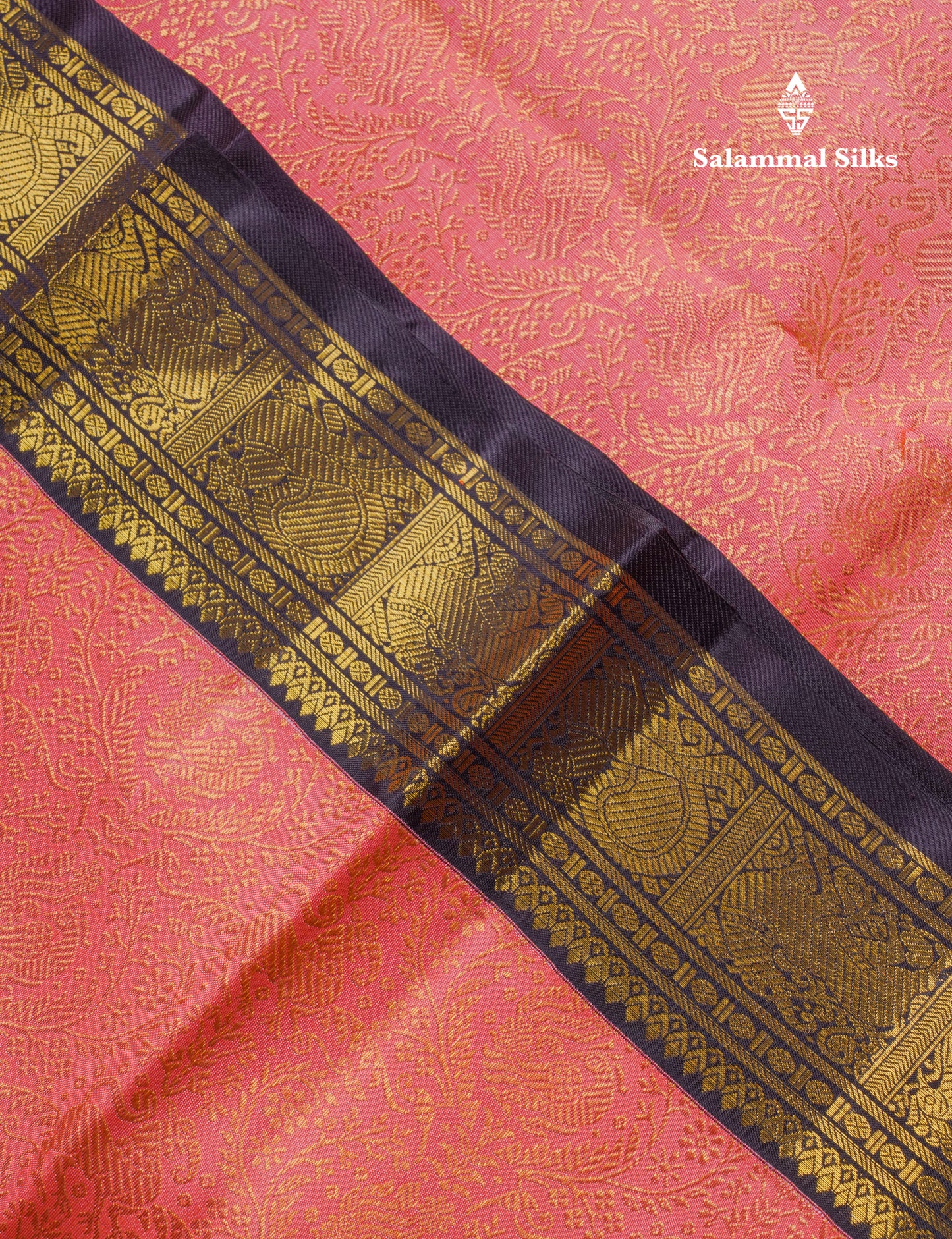 Beautiful Korvai Dark Peach Pure Kanjivaram Silk Saree Pure Zari with Contrast Dark Violet Traditional Border
