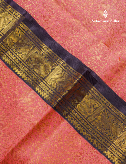 Beautiful Korvai Dark Peach Pure Kanjivaram Silk Saree Pure Zari with Contrast Dark Violet Traditional Border