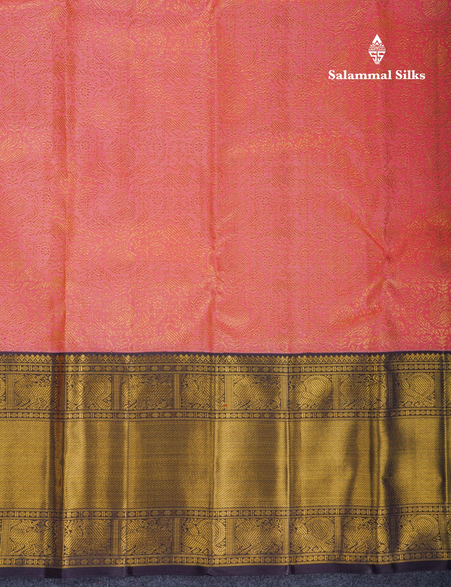 Beautiful Korvai Dark Peach Pure Kanjivaram Silk Saree Pure Zari with Contrast Dark Violet Traditional Border