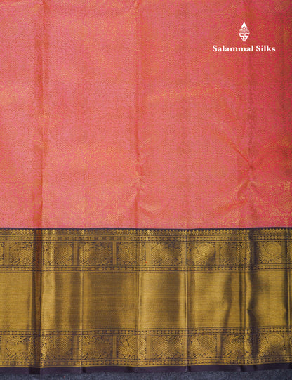 Beautiful Korvai Dark Peach Pure Kanjivaram Silk Saree Pure Zari with Contrast Dark Violet Traditional Border