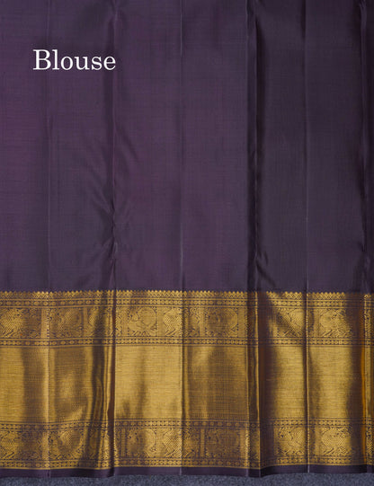 Beautiful Korvai Dark Peach Pure Kanjivaram Silk Saree Pure Zari with Contrast Dark Violet Traditional Border