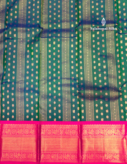 Peacock Green Colour Kanjivaram Pure Silk Saree With Traditional Pink Border