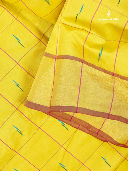 Semi Silk Cotton Saree - Lemon Yellow Colour Body Checks With Thread Butta & Tissue Border
