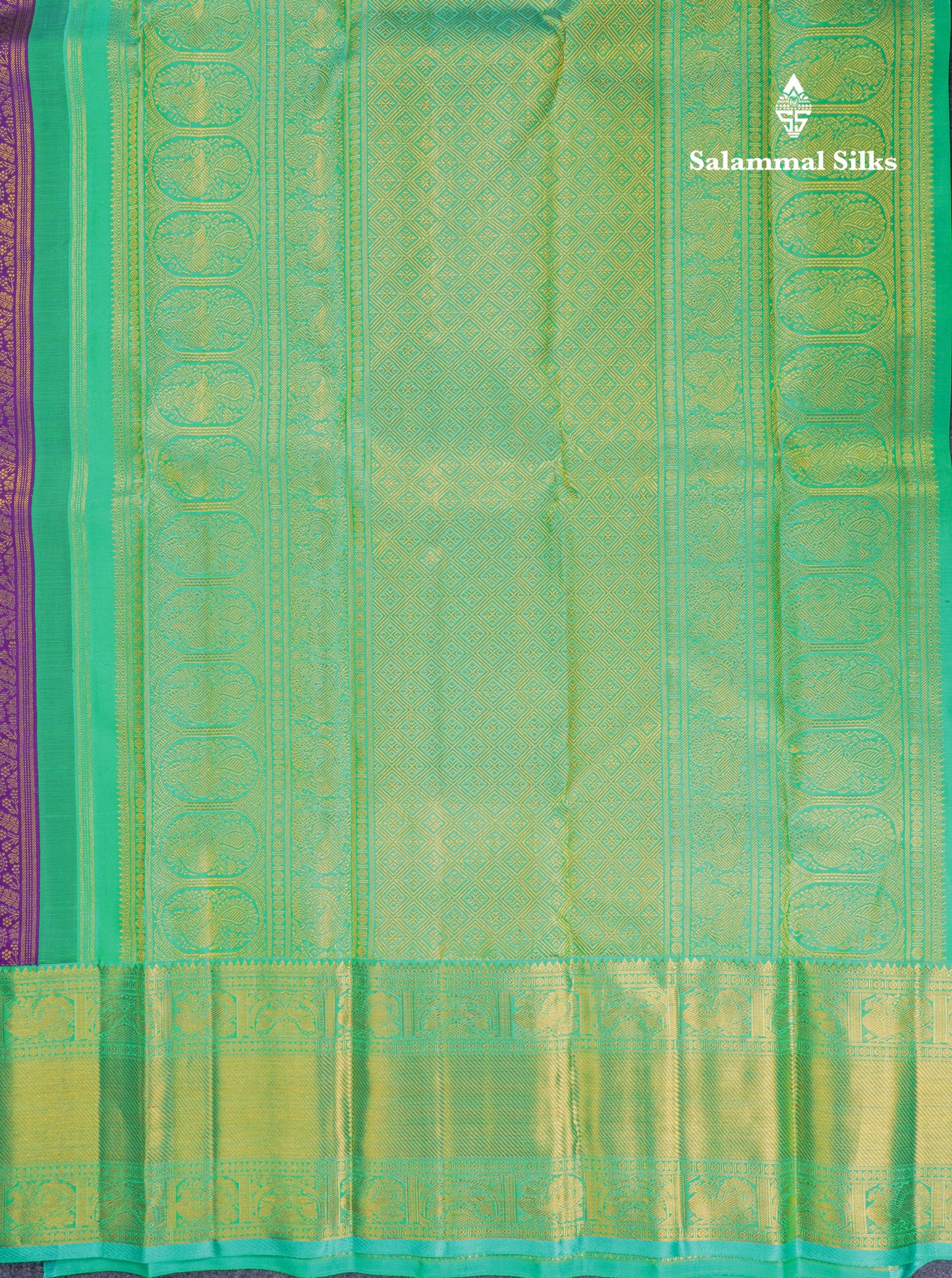 Beautiful Korvai Dark Purple Pure Kanjivaram Silk Saree Pure Zari with Contrast Rexona Green Traditional Border