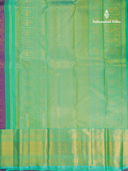 Beautiful Korvai Dark Purple Pure Kanjivaram Silk Saree Pure Zari with Contrast Rexona Green Traditional Border