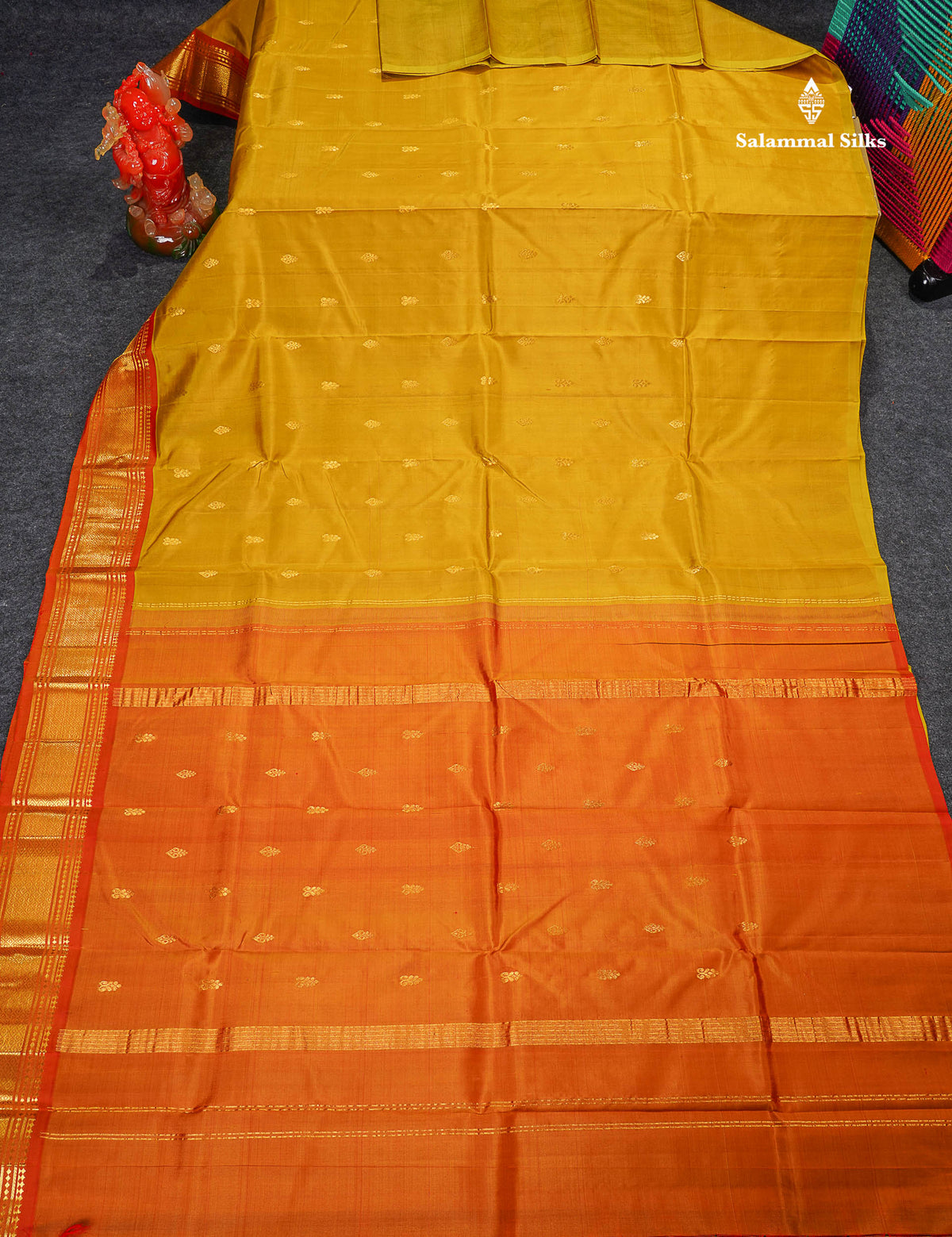 One Side Border Pure Silk Saree - Mehandi Green Small Zari Butta With Contrast Rust Orange Traditional Border
