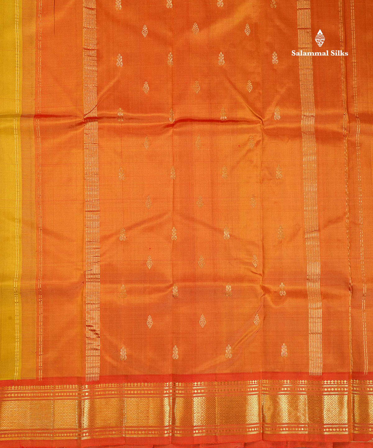 One Side Border Pure Silk Saree - Mehandi Green Colour Body Small Zari Butta With Contrast Rust Orange Traditional Border