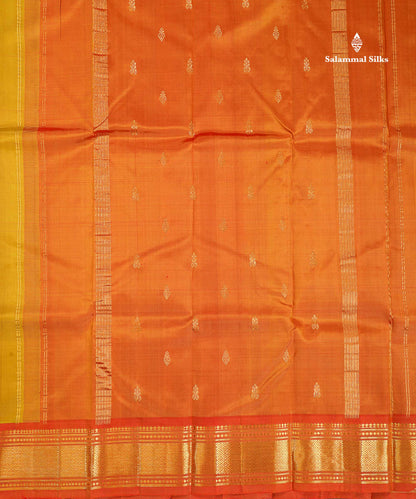One Side Border Pure Silk Saree - Mehandi Green Colour Body Small Zari Butta With Contrast Rust Orange Traditional Border