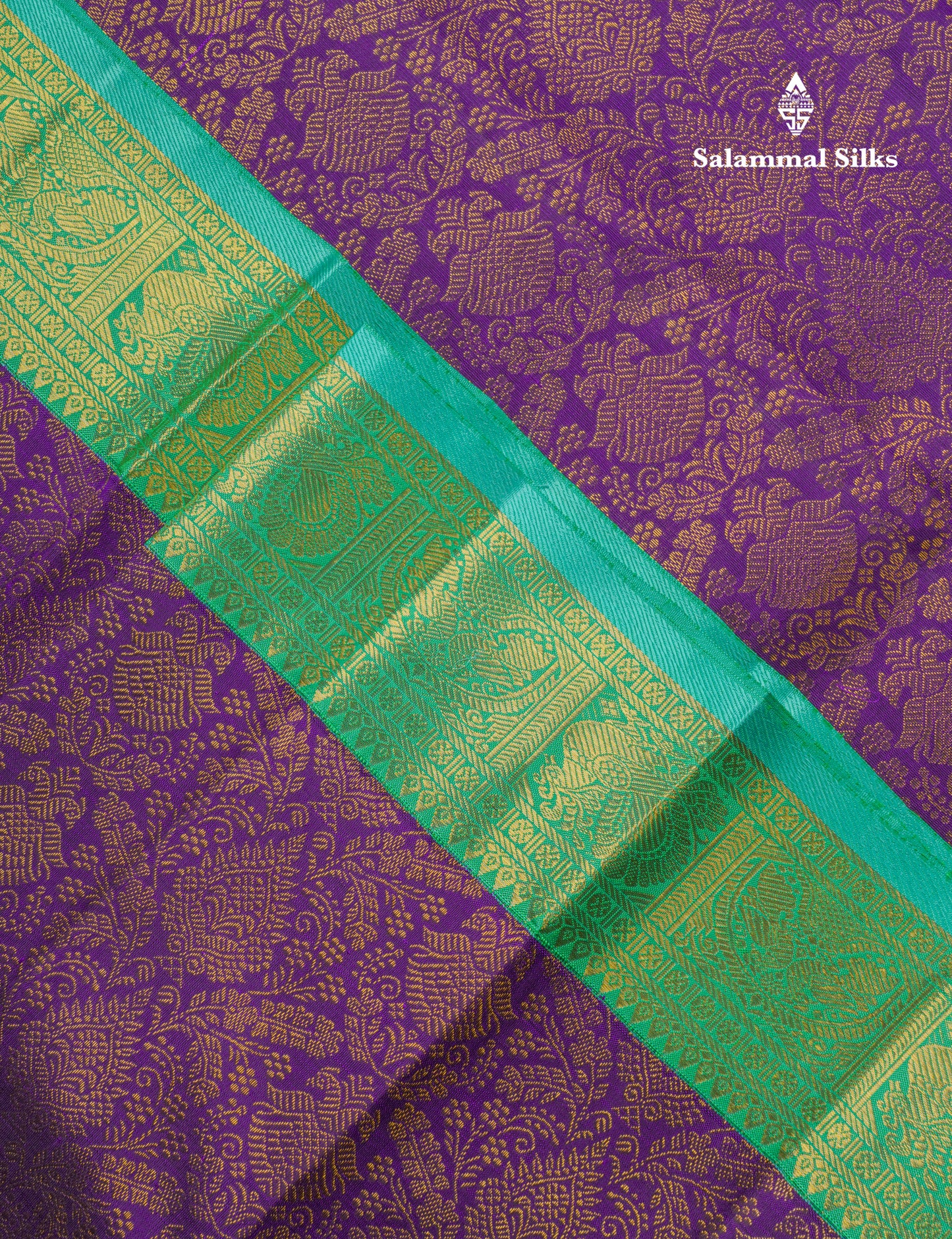 Beautiful Korvai Dark Purple Pure Kanjivaram Silk Saree Pure Zari with Contrast Rexona Green Traditional Border