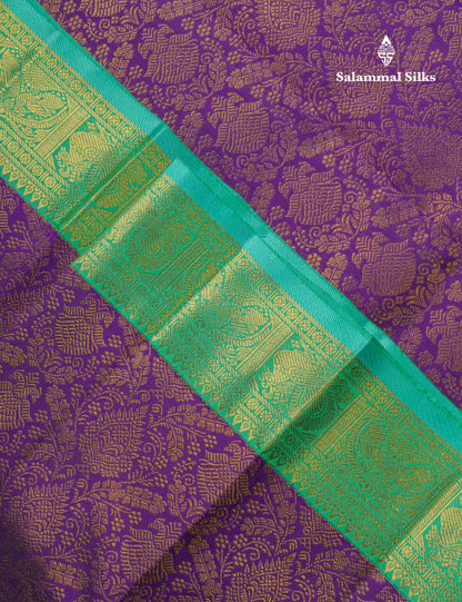 Beautiful Korvai Dark Purple Pure Kanjivaram Silk Saree Pure Zari with Contrast Rexona Green Traditional Border
