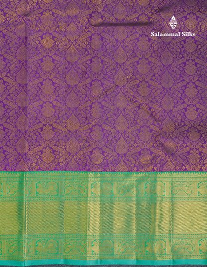 Beautiful Korvai Dark Purple Pure Kanjivaram Silk Saree Pure Zari with Contrast Rexona Green Traditional Border