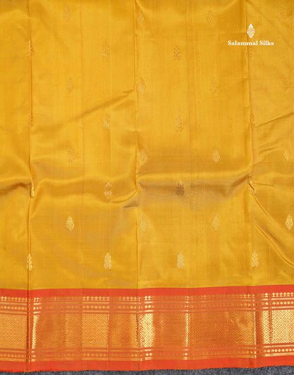 One Side Border Pure Silk Saree - Mehandi Green Colour Body Small Zari Butta With Contrast Rust Orange Traditional Border