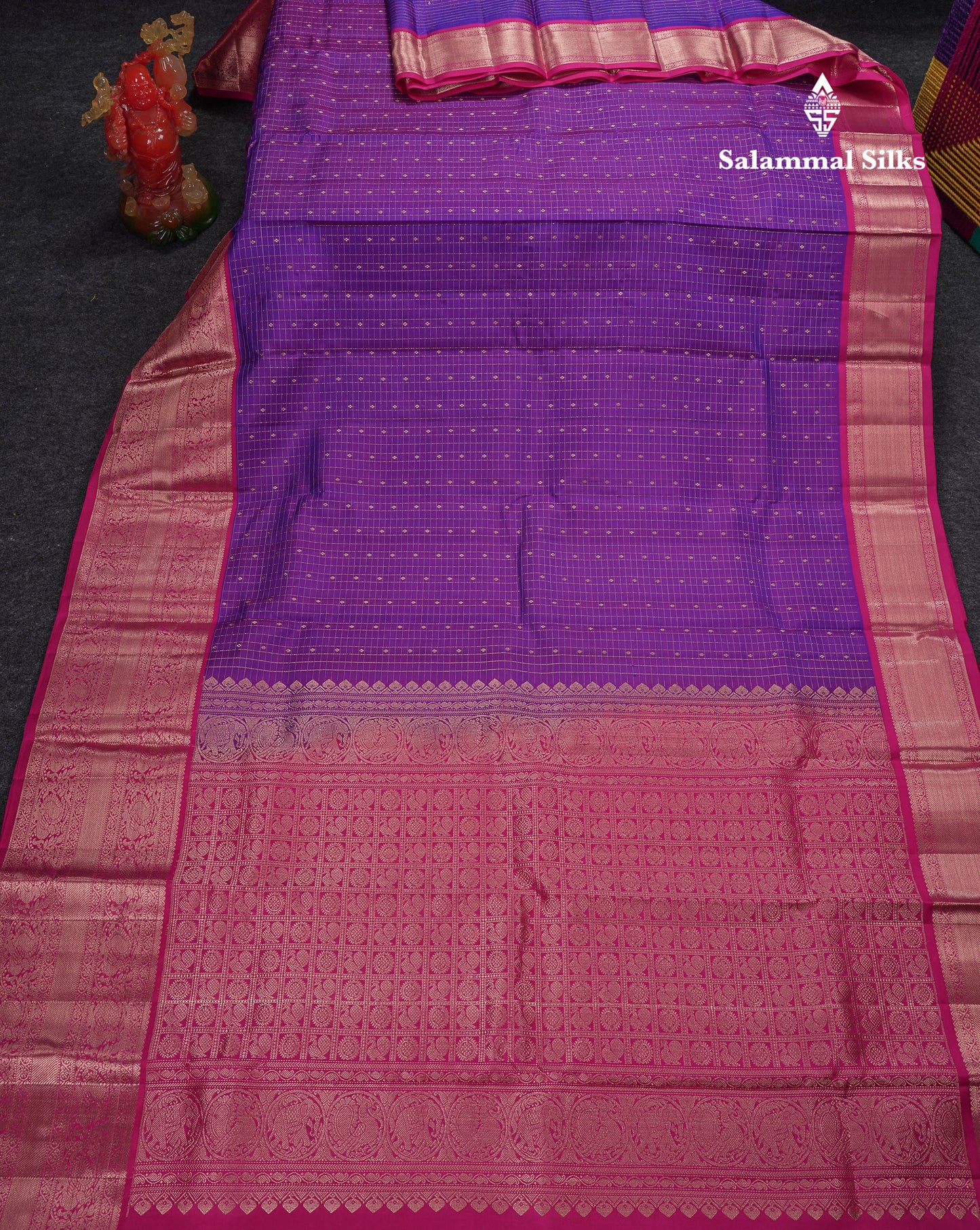 Beautiful Purple Small Checks With Butta Pure Kanjivaram Silk Saree With Contrast Pink Traditional Evening Morning Border
