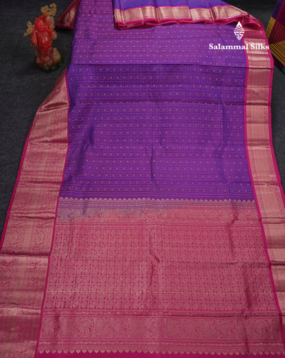 Beautiful Purple Small Checks With Butta Pure Kanjivaram Silk Saree With Contrast Pink Traditional Evening Morning Border