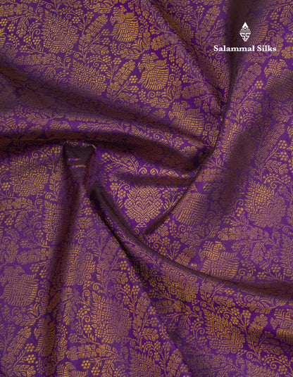 Beautiful Korvai Dark Purple Pure Kanjivaram Silk Saree Pure Zari with Contrast Rexona Green Traditional Border