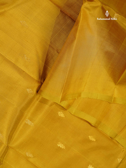 One Side Border Pure Silk Saree - Mehandi Green Colour Body Small Zari Butta With Contrast Rust Orange Traditional Border