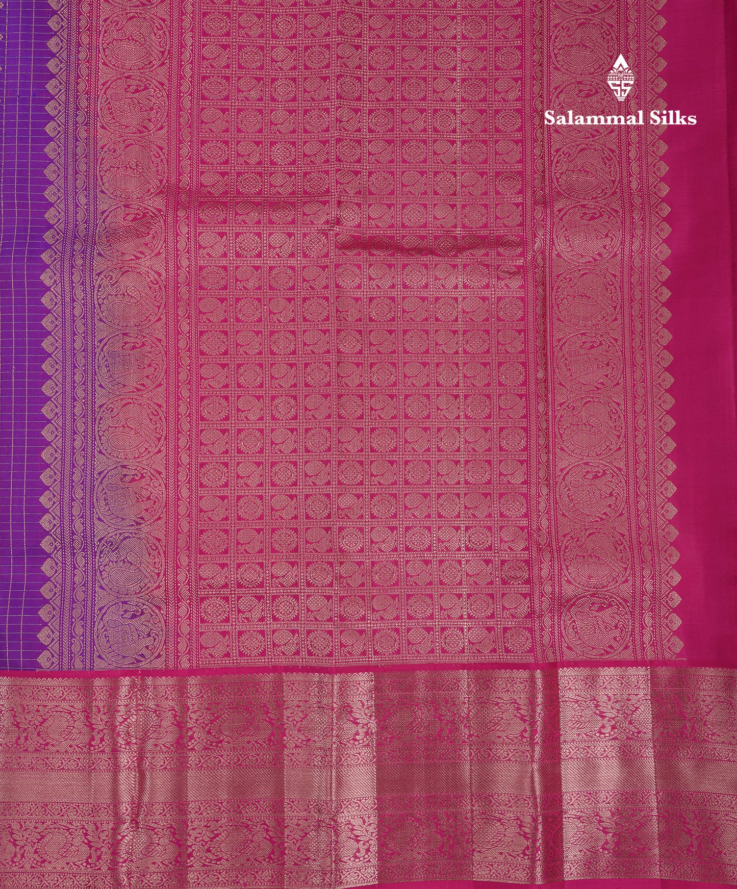 Beautiful Purple Small Checks With Butta Pure Kanjivaram Silk Saree With Contrast Pink Traditional Evening Morning Border