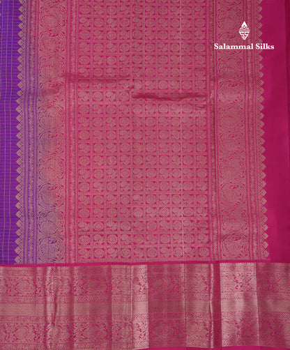 Beautiful Purple Small Checks With Butta Pure Kanjivaram Silk Saree With Contrast Pink Traditional Evening Morning Border