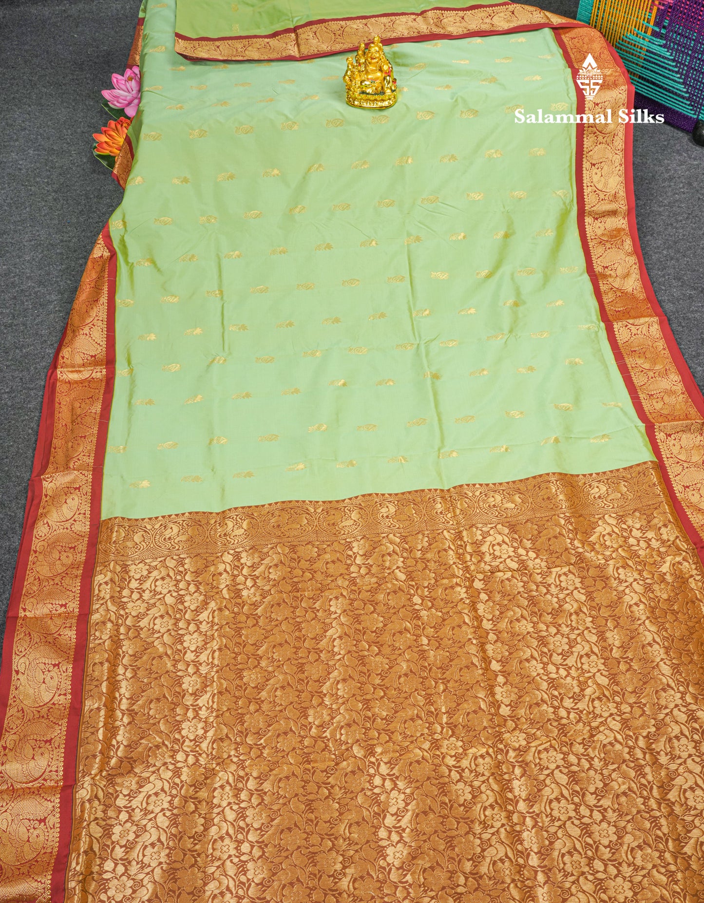 9 Yards Semi Silk Saree Light Green With Contrast Maroon Border