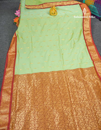 9 Yards Semi Silk Saree Light Green With Contrast Maroon Border