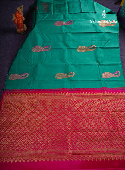 Beautiful Sapphire Green Zari And Thread Work Butta Pure Kanjivaram Silk Saree With Contrast Rani Pink Blouse